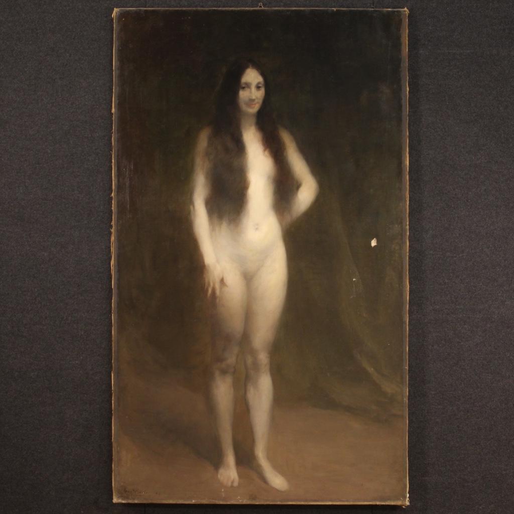 French painting dated 1924. Oil on canvas framework depicting Eve, female nude characterized by a dark background, of great impact and good pictorial touch. Painting signed and dated lower left (see photo) referable to the painter Armand Berton