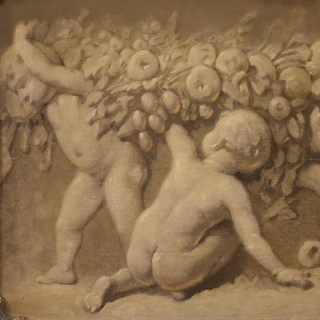 20th Century Oil on Canvas French Grisaille Painting Cherubs, 1920s For Sale 7
