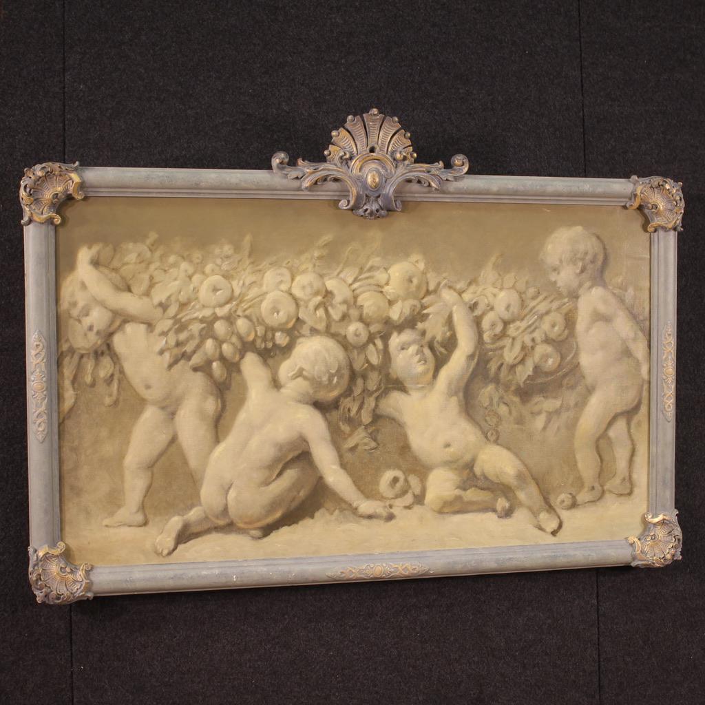20th Century Oil on Canvas French Grisaille Painting Cherubs, 1920s 10