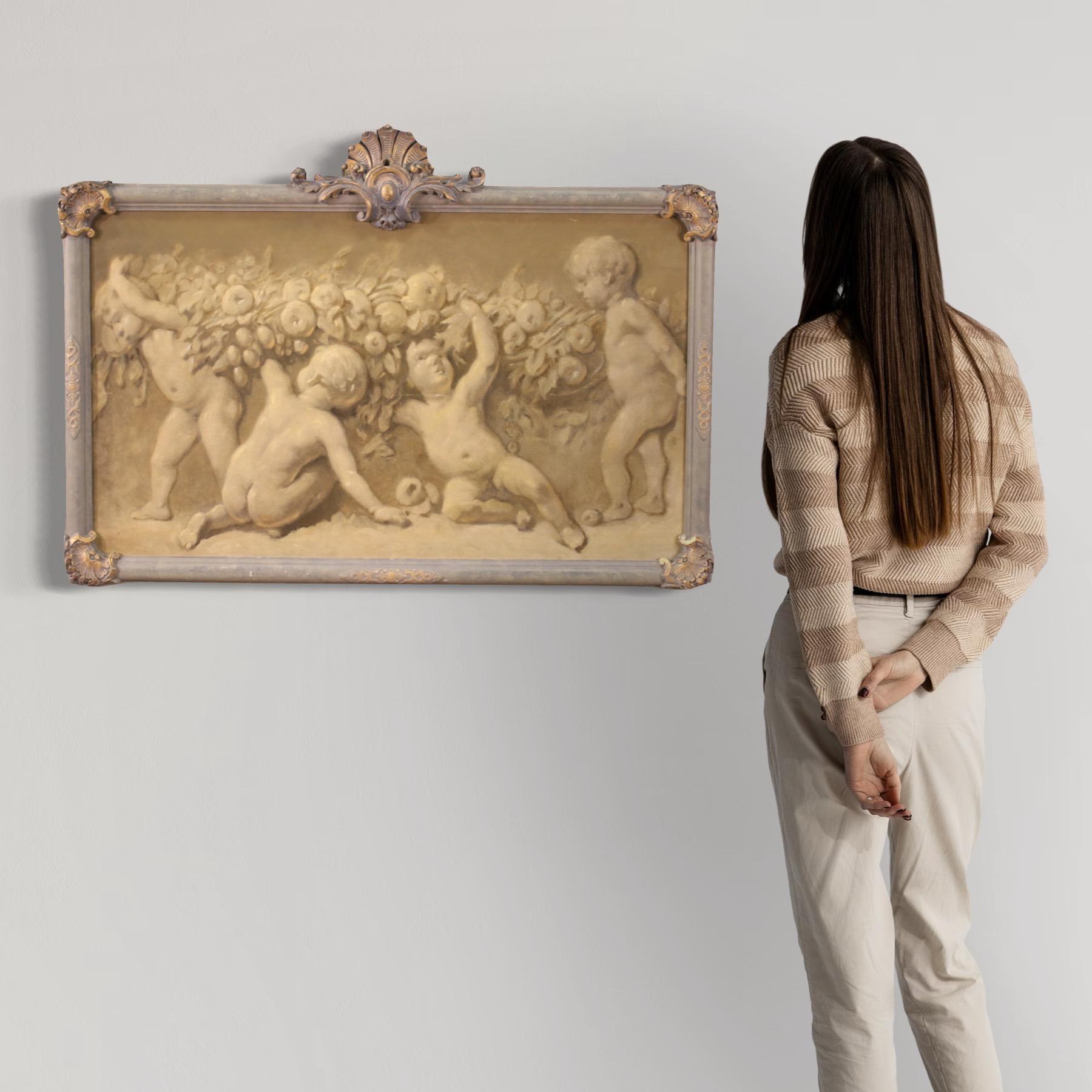 French painting from the first half of the 20th century. Artwork oil on canvas depicting cherubs with grisaille style garland, of good pictorial quality. Painting adorned with a wood and plaster frame, sculpted, lacquered and gilded with beautiful
