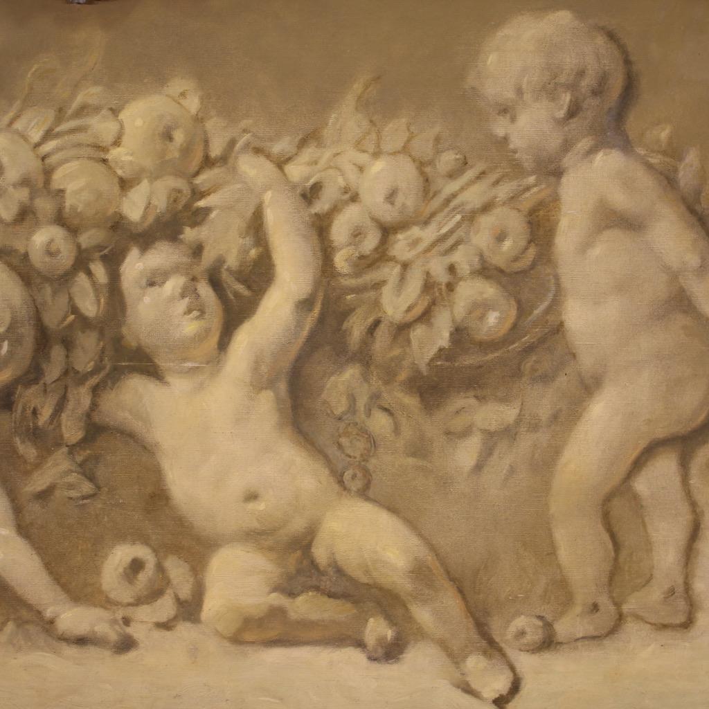 20th Century Oil on Canvas French Grisaille Painting Cherubs, 1920 3