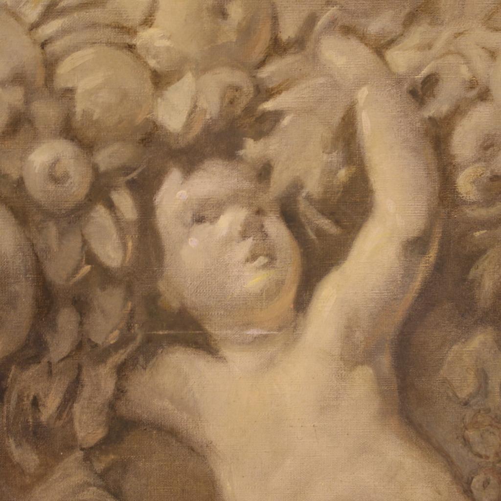 20th Century Oil on Canvas French Grisaille Painting Cherubs, 1920 4