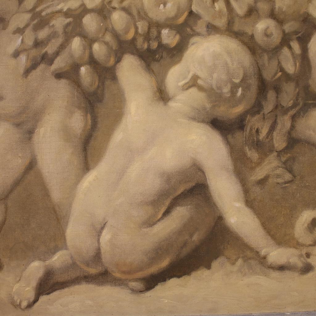 20th Century Oil on Canvas French Grisaille Painting Cherubs, 1920 5