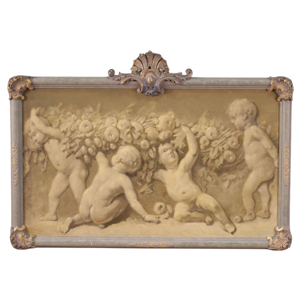 20th Century Oil on Canvas French Grisaille Painting Cherubs, 1920