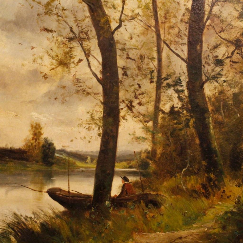 French painting from early 20th century. Oil painting on canvas depicting Impressionist style landscape of good brightness and pictorial quality. Frame in wood and plaster, not coeval, pleasantly carved and gilded. Framework of good measure and