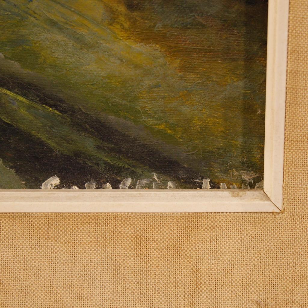 French painting from 20th century. Oil painting on canvas depicting Impressionist style countryside landscape. Painted wooden frame with fabric passepartout with some stains (see photo). Framework of excellent proportion, it can be easily placed