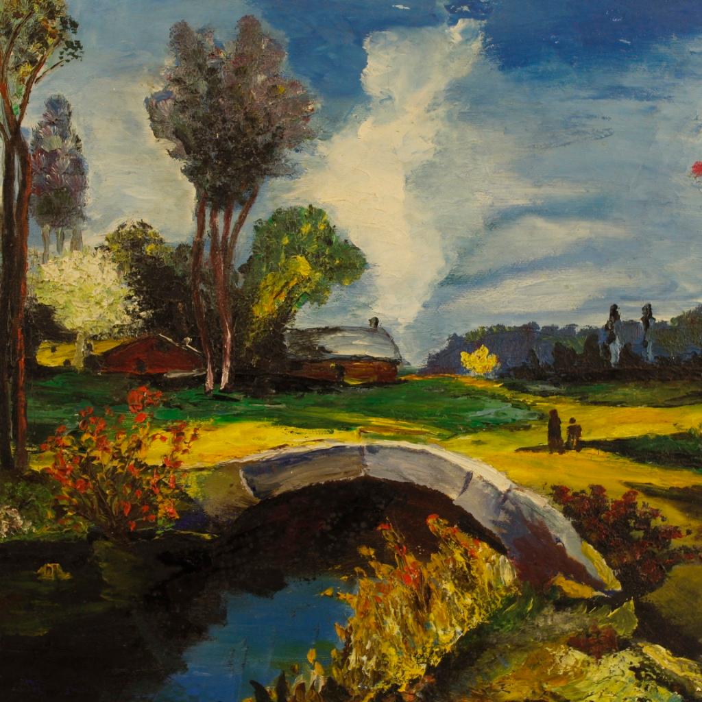 20th Century Oil On Canvas French Impressionist Style Landscape Painting, 1960 In Fair Condition In Vicoforte, Piedmont