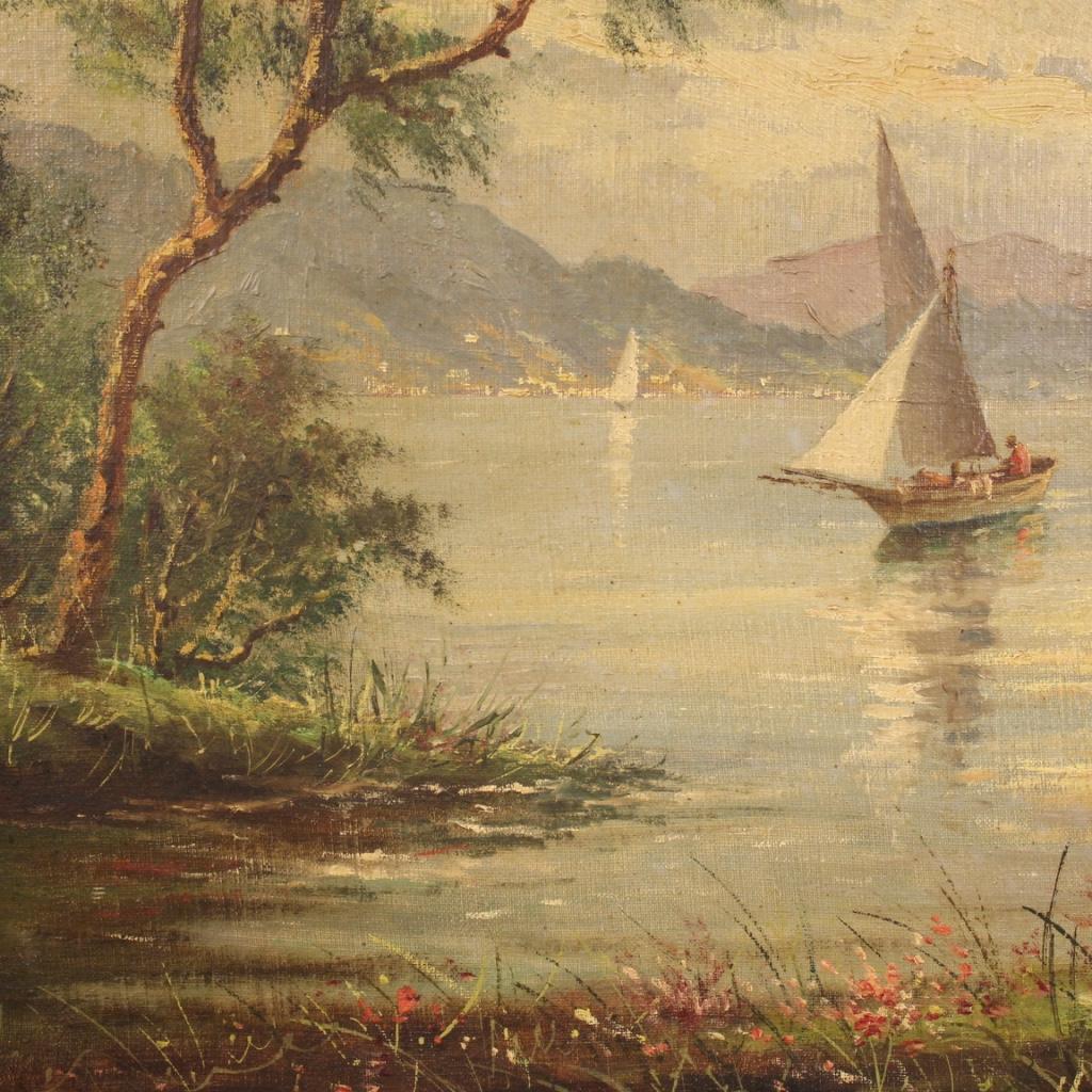 20th Century Oil on Canvas French Lake View Signed Painting, 1950 For Sale 3