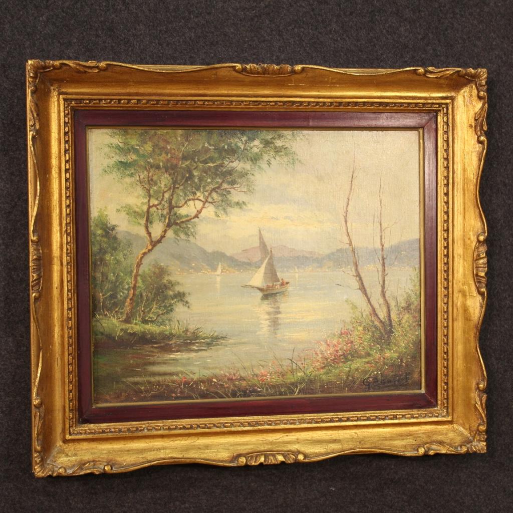 20th Century Oil on Canvas French Lake View Signed Painting, 1950 For Sale 5
