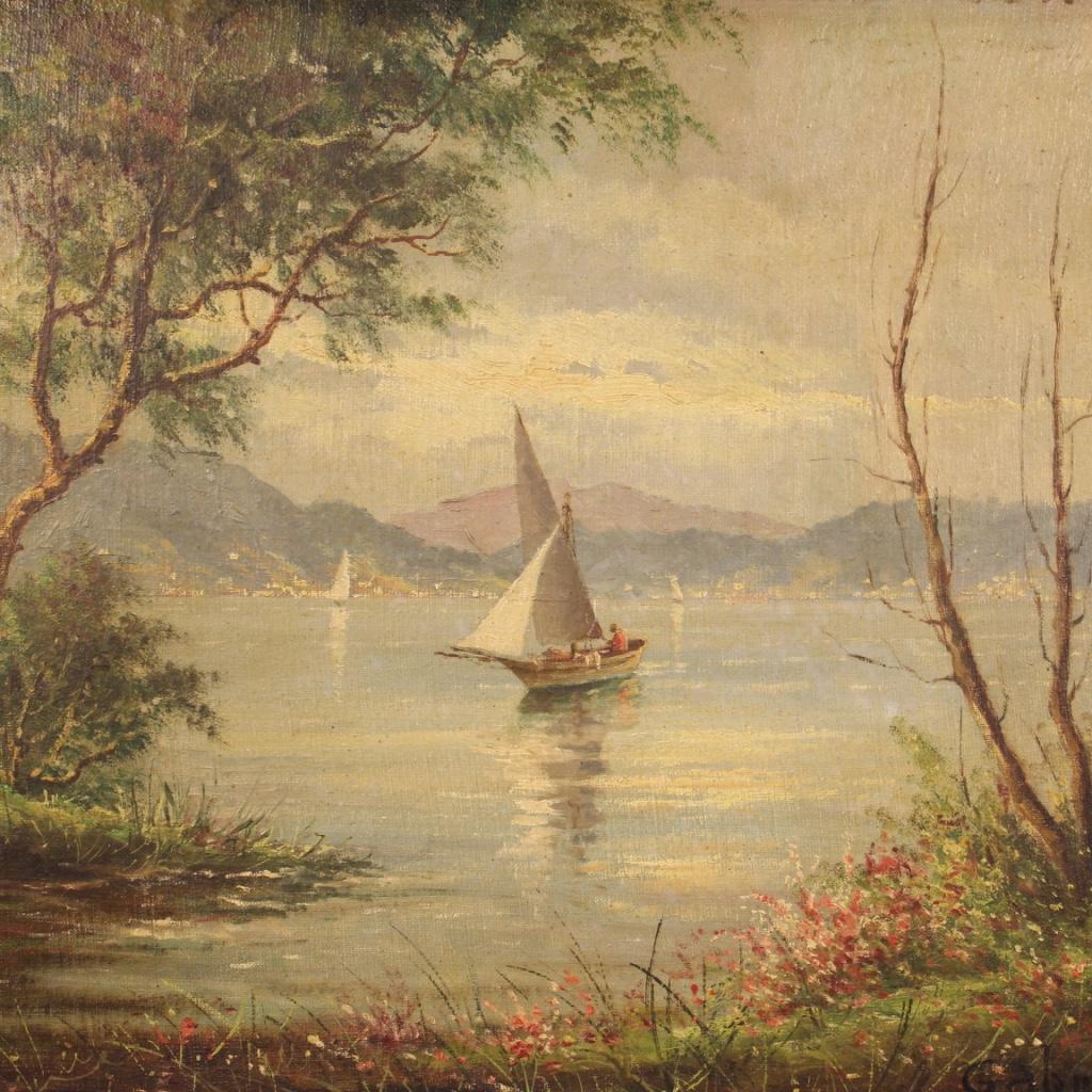 20th Century Oil on Canvas French Lake View Signed Painting, 1950 For Sale