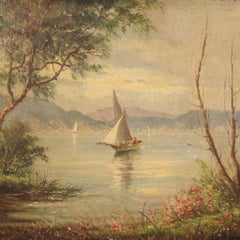 Huile sur toile du 20ème siècle, peinture française représentant une vue de lac, signée, 1950