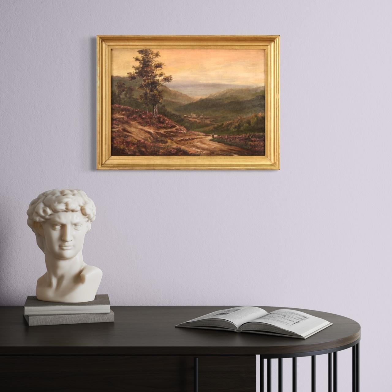 French painting from the first half of the 20th century. Artwork oil on canvas depicting pleasant countryside view with village and sea in the background in impressionist style. Painting of limited size and excellent proportion adorned with a wooden