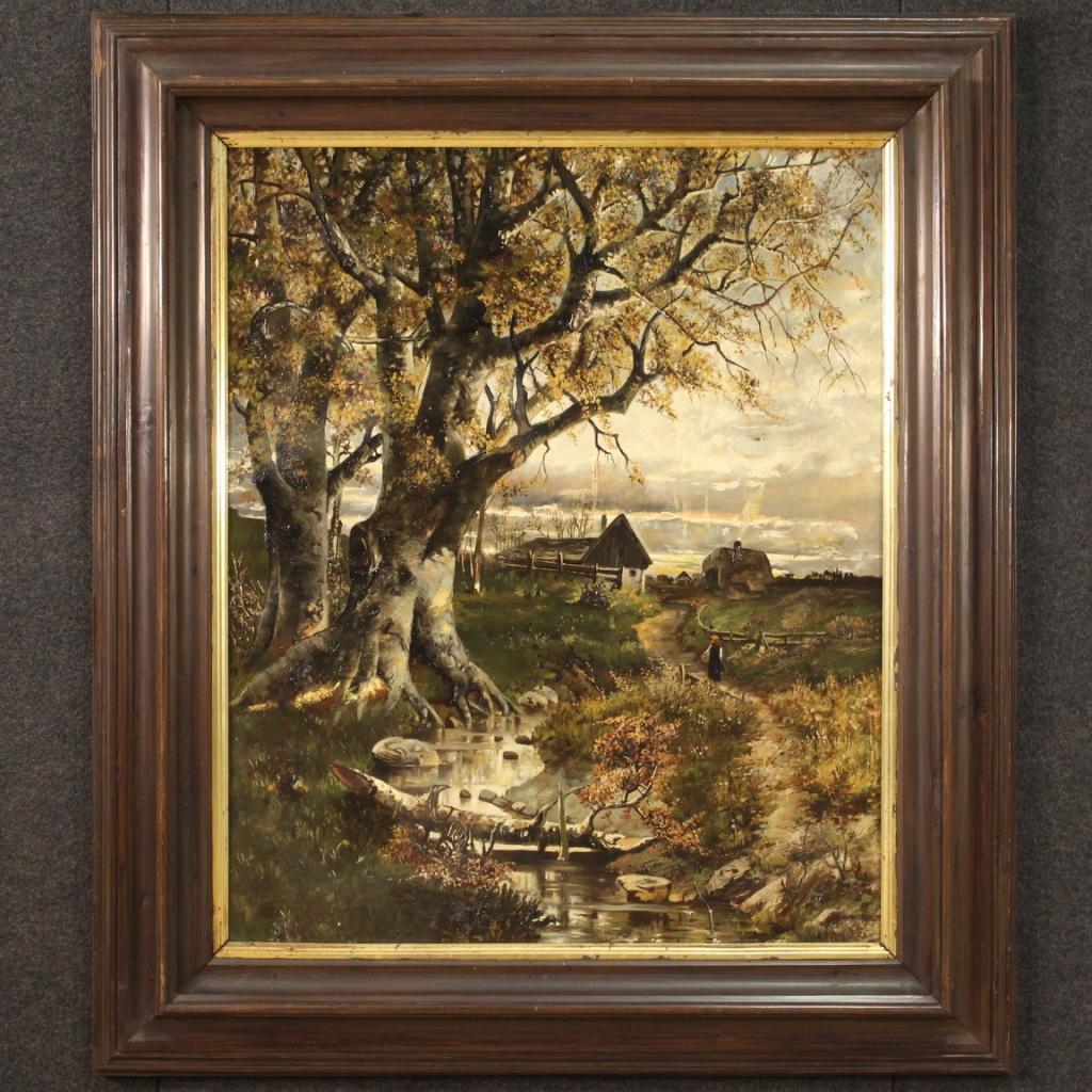 French painting from the middle of the 20th century. Framework oil on canvas depicting a landscape with a peasant woman of good pictorial quality. Large size and pleasant impact painting with carved wooden frame adorned with a golden internal frame