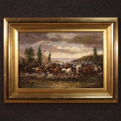 20th Century Oil on Canvas French Painting Battle Knights and a Hill Town, 1980