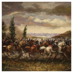 20th Century Oil on Canvas French Painting Battle Knights and a Hill Town, 1980