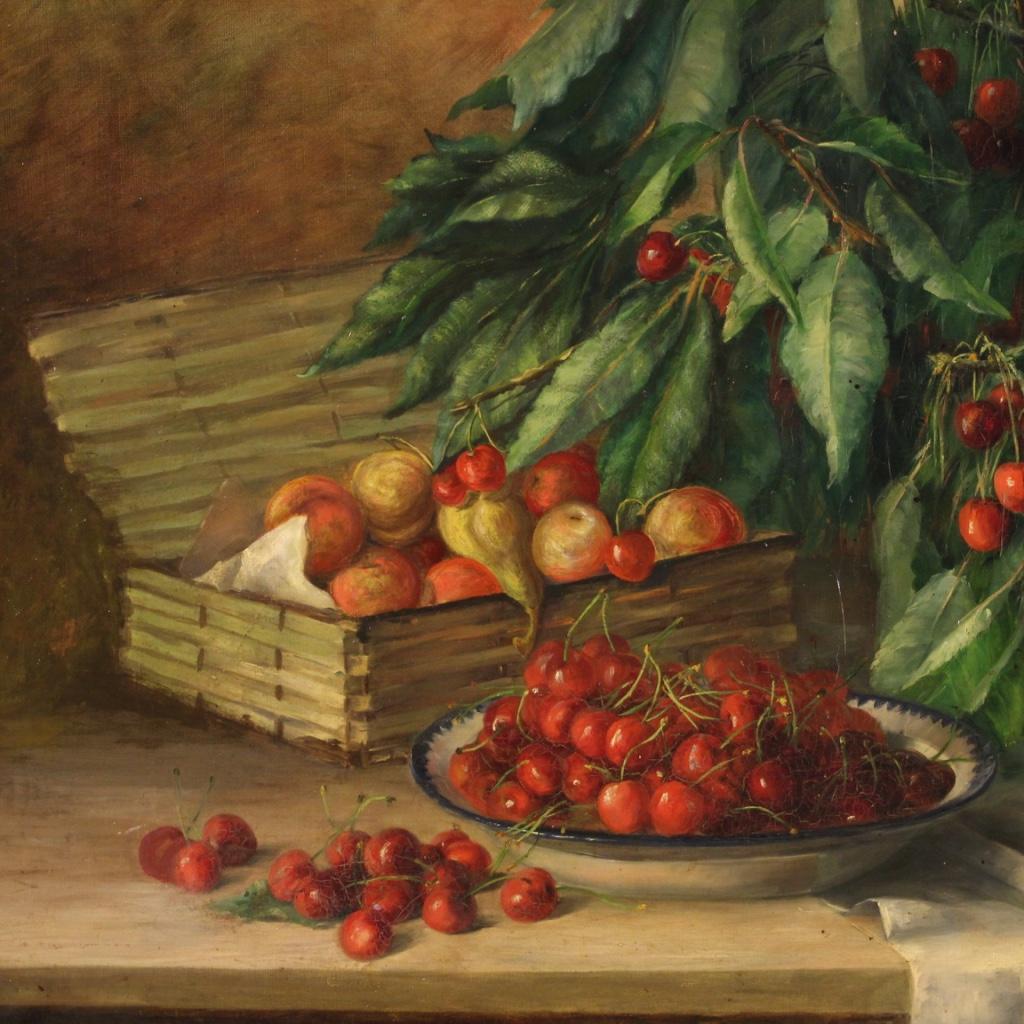 20th Century Oil on Canvas French Painting Still Life, Vase with Cherries, 1930 6