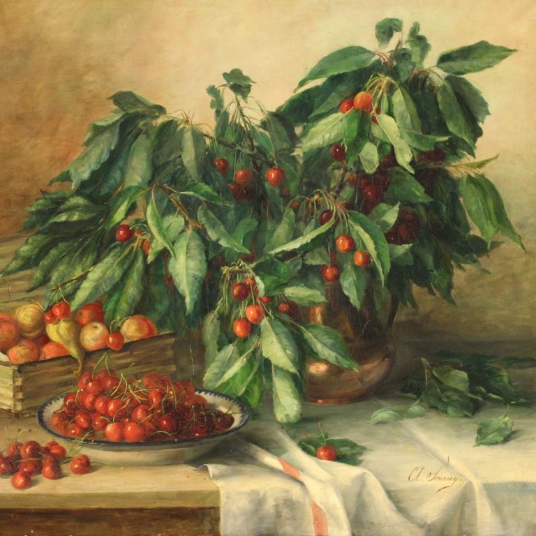 20th Century Oil on Canvas French Painting Still Life, Vase with Cherries, 1930 For Sale 2