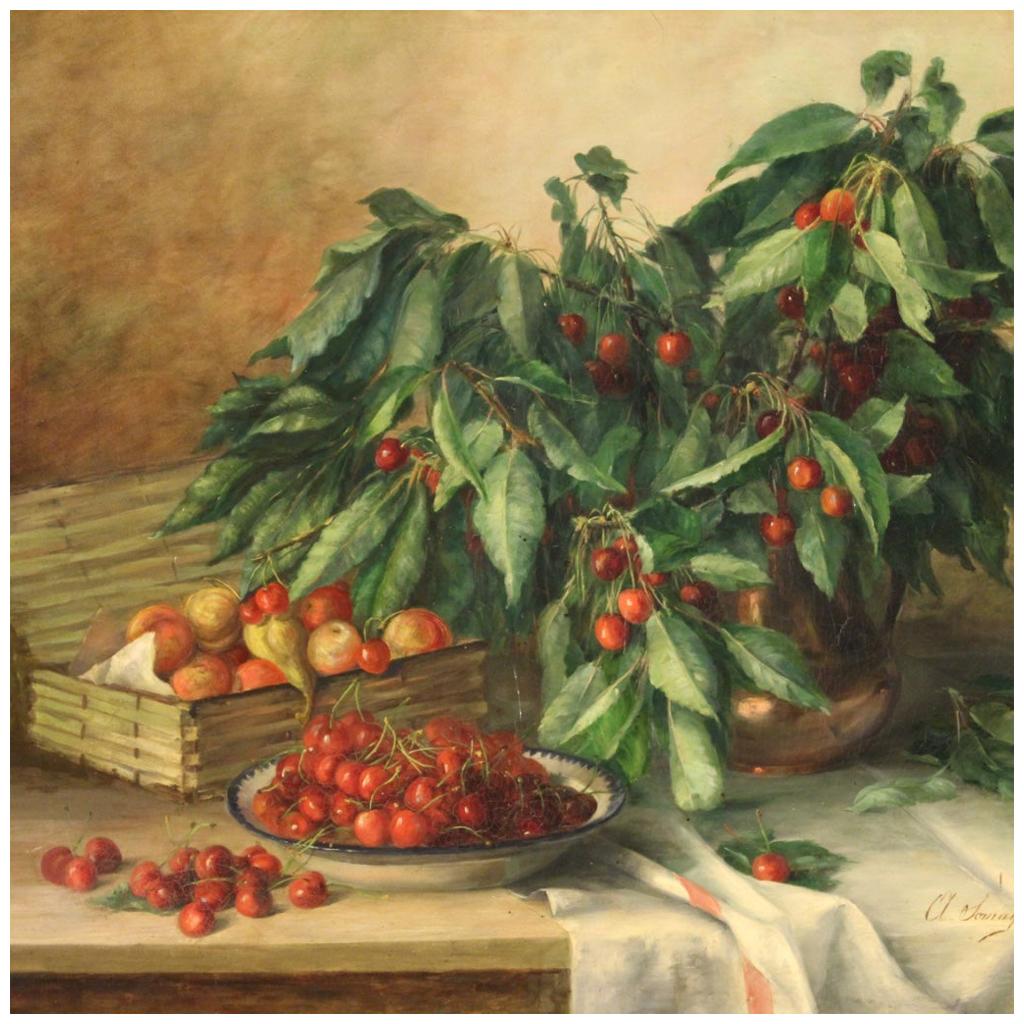 20th Century Oil on Canvas French Painting Still Life, Vase with Cherries, 1930