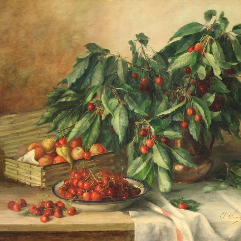 French painting from the first half of the 20th century. Framework oil on canvas of beautiful size and pleasant pictorial quality depicting still life, vase with cherries, ceramic plate and other fruits. Painting signed lower right (see picture) A.