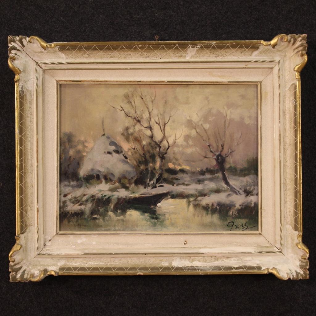 Nice French painting from the middle of the 20th century. Framework oil on canvas depicting a snowy countryside landscape in impressionist style of good pictorial quality. Small framework, easy to be placed in different parts of the house, for