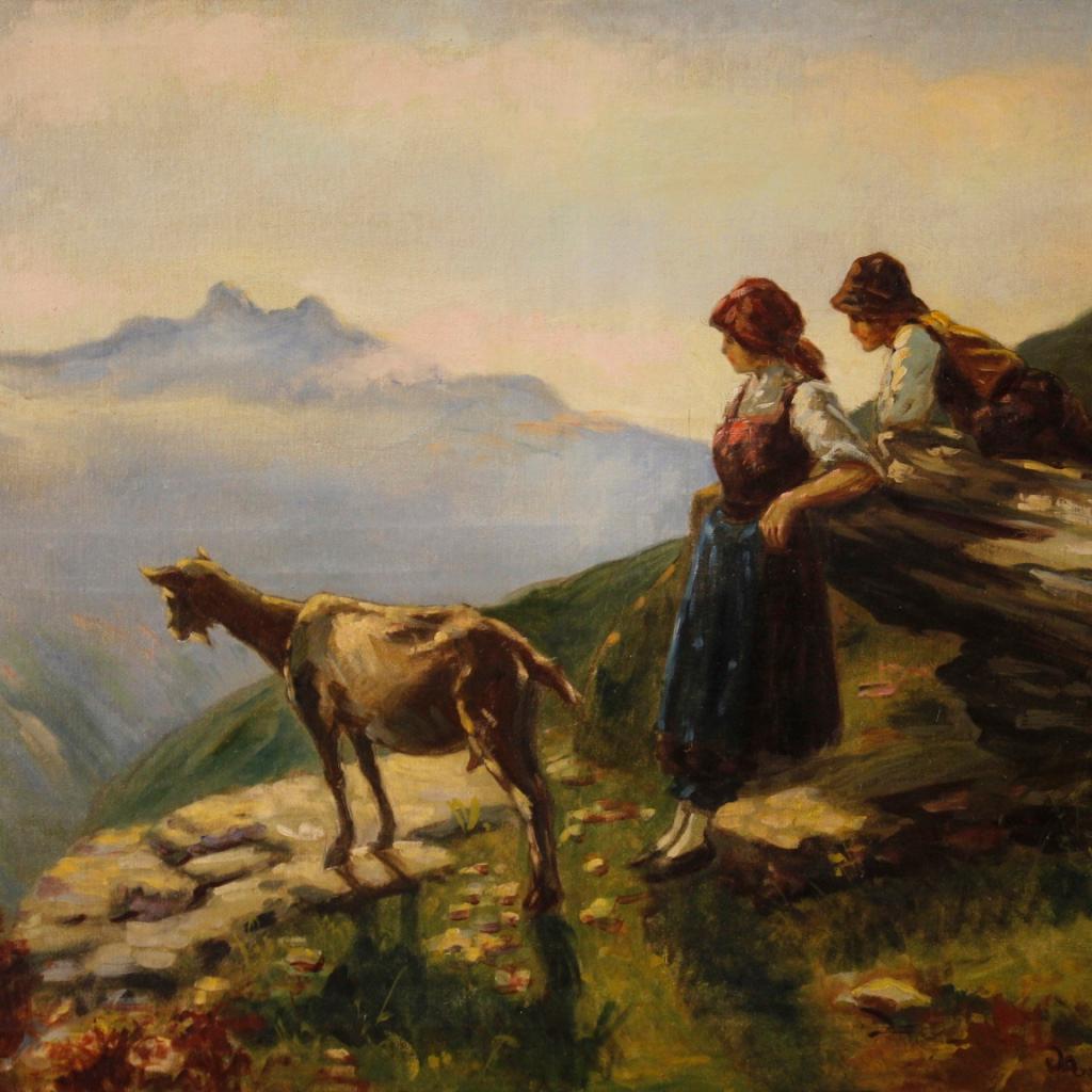 French painting from 20th century. Framework in oil on canvas, in the first canvas, depicting a mountain landscape with characters and goat in impressionist style. Framework of good brightness and beautiful decoration with modern silver wooden