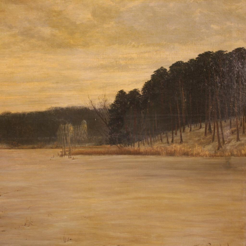 
Great German painting from the early 20th century. Artwork oil on canvas, first canvas, depicting a wooded landscape, view of the river, of good pictorial quality. Painting adorned with a modern, carved and gilded wooden frame, of beautiful