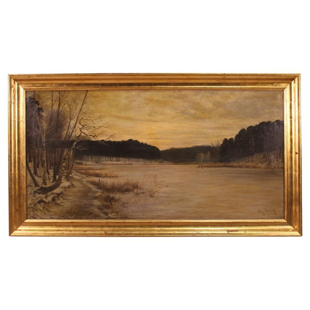Peinture à l'huile sur toile allemande du 20ème siècle représentant un paysage, signée Franz Bombach, 1900