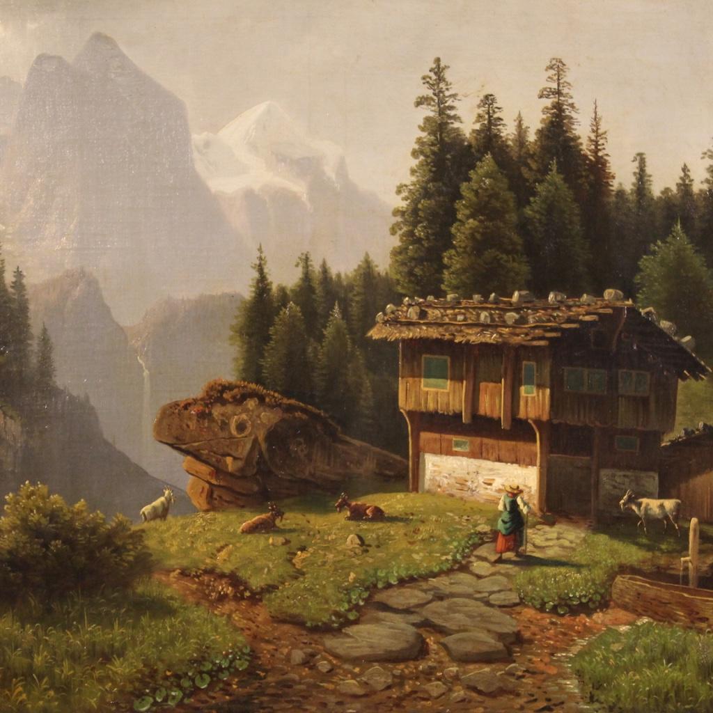 German painting from the early 20th century. Work oil on canvas, on the first canvas, depicting a mountain landscape with a small house, shepherdess and goats of good pictorial quality. Very bright framework adorned with a finely chiseled and gilded