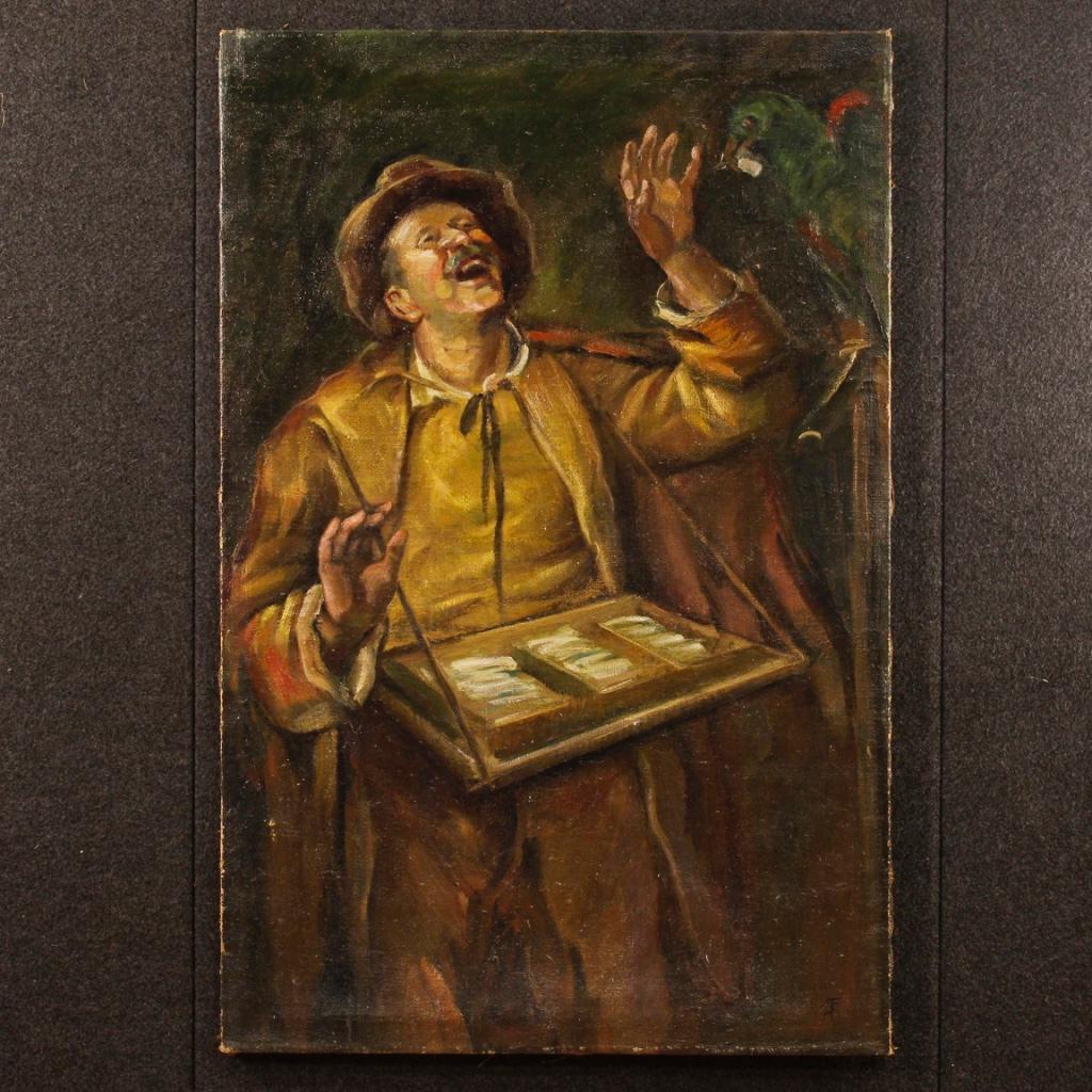 Great Hungarian painting from 20th century. Oil painting on canvas depicting a character with parrot in impressionist style of good pictorial quality. Framework of beautiful measure and decoration, missing frame. Painting that has an acronym in