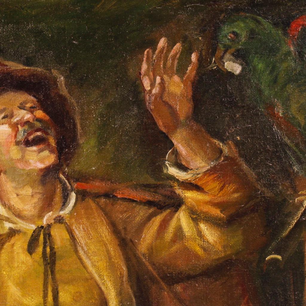 20th Century Oil on Canvas Hungarian Painting Portrait Character Parrot, 1940 For Sale 6