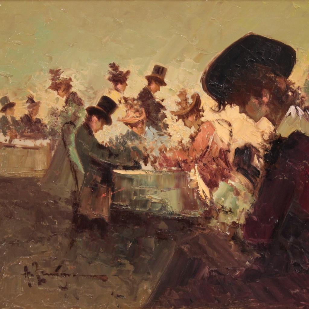 Italian painting from the 70s. Oil on canvas framework depicting At the tables of a café, view with characters from the belle époque in impressionist style. Painting signed lower left (see picture) referable to Antonio Pecoraro (1938), lacking