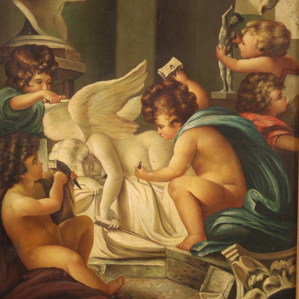 Italian painting from the second half of the 20th century. Work oil on canvas depicting the allegory of sculpture with cherubs of good pictorial quality. Painting representing several cherubs intent on sculpting a graceful sleeping winged cherub in