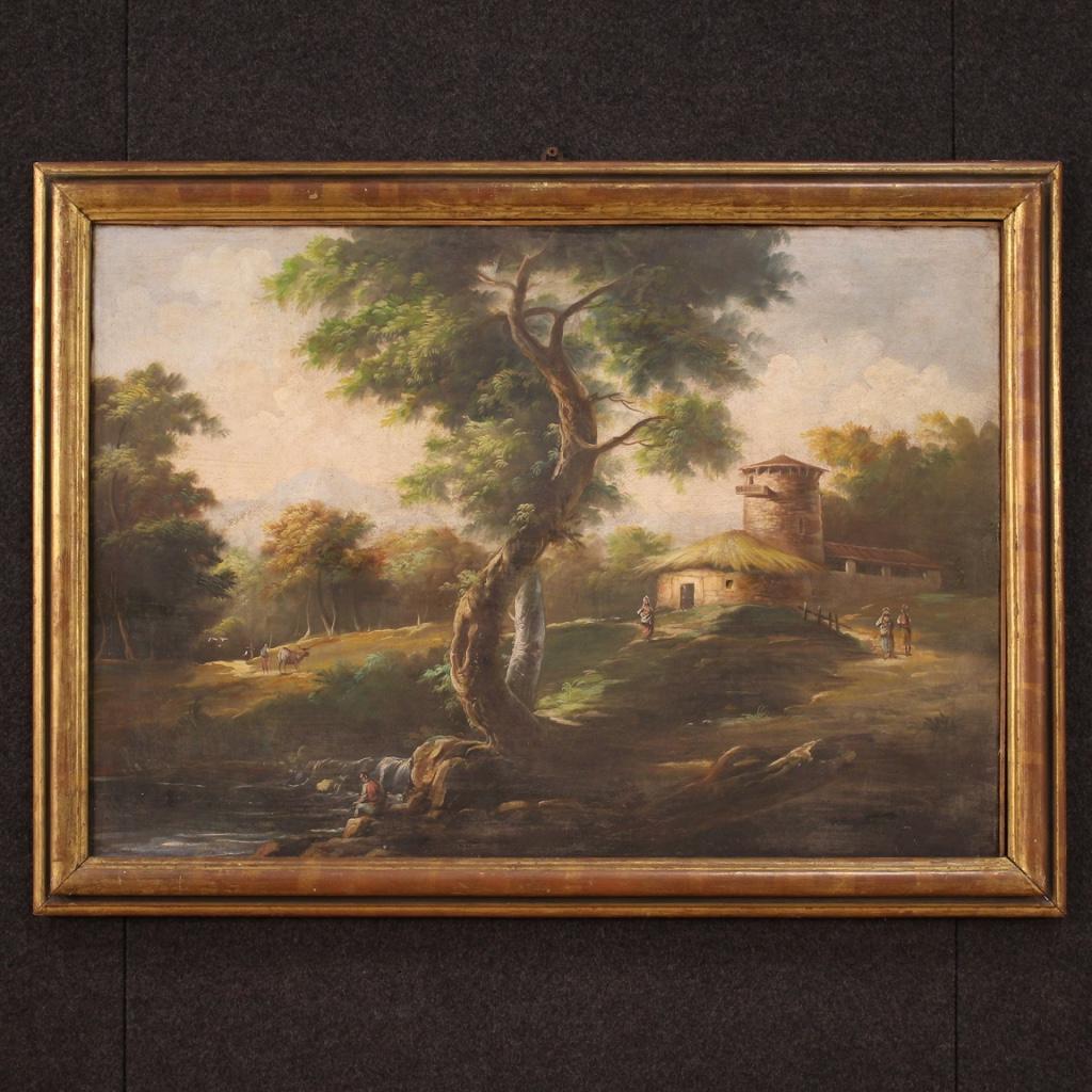 Italian painting from the middle of the 20th century. Framework oil on canvas depicting a bucolic landscape with eighteenth-century architecture, characters and animals. Lacquered and gilded wooden frame with some small signs (see photo),