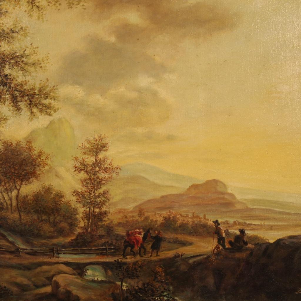 Italian painting from the mid-20th century. Work oil on canvas (applied on board, see photo) depicting bucolic landscape with characters and city in the background of good pictorial quality. Nice size painting and pleasant furnishings with monogram