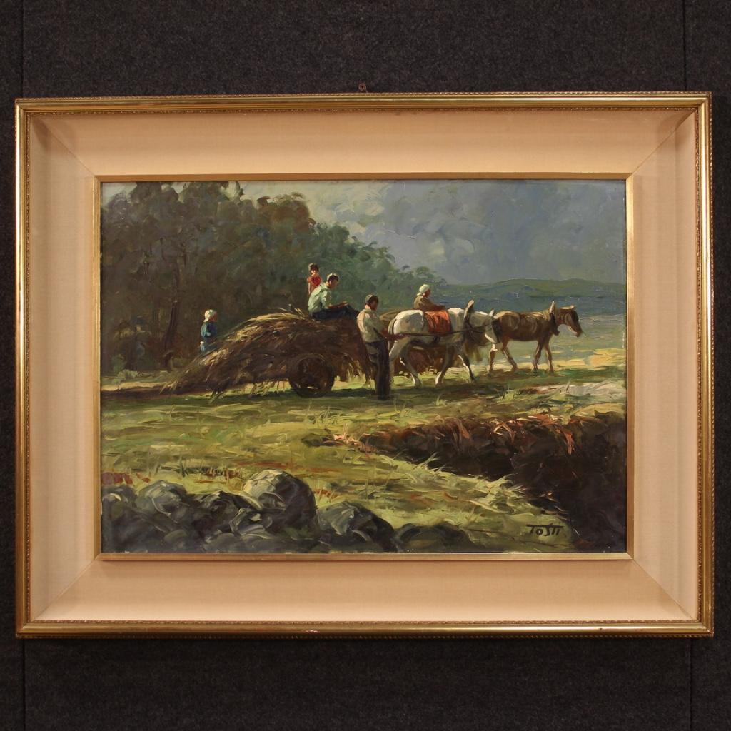 Italian painting from the mid-20th century. Framework oil on canvas depicting a bucolic scene with peasants of good pictorial quality. Finely chiseled and gilded wood and plaster frame equipped with fabric passe-partout in good condition. Framework