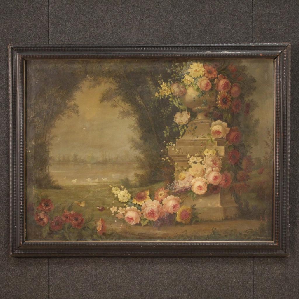 Italian painting dated 1938. Framework of nice size and pleasant impact, oil on canvas, depicting a view with flowers and lake with swans of good pictorial quality. Ebonized wooden frame with some signs of wear (see picture). Painting for antique