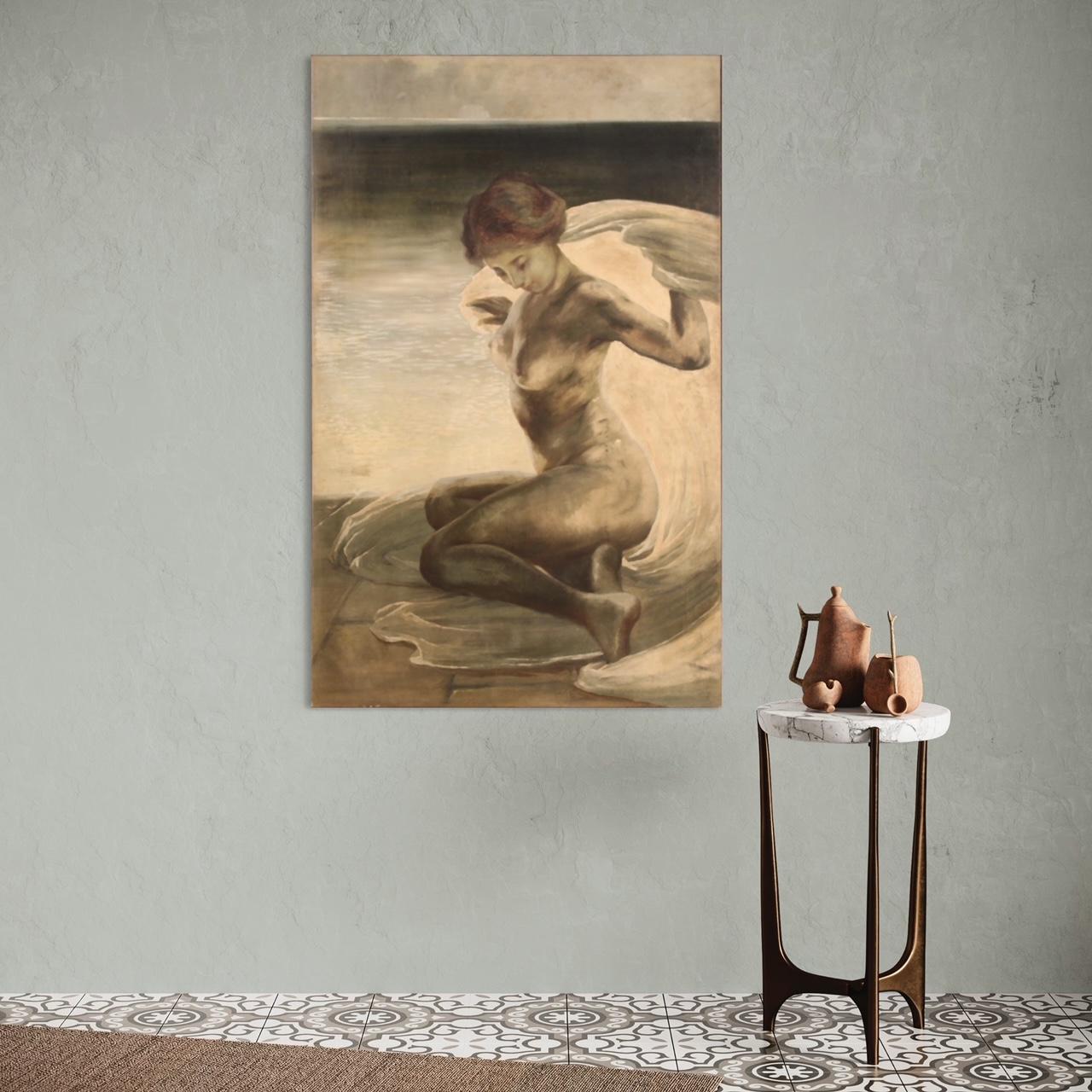 Pittura italiana della prima metà del XX secolo. Opera d'arte olio su tela raffigurante una copia contemporanea del famoso dipinto di Gino Piccioni, Nudo sulla spiaggia (Firenze, Collection'S). Pittura mancante di documentazione aggiuntiva, per