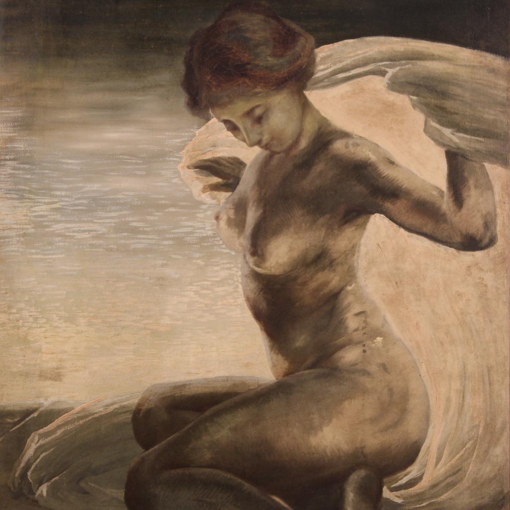 A olio Olio su tela del XX secolo Pittura italiana di nudo femminile sulla spiaggia, 1920 in vendita