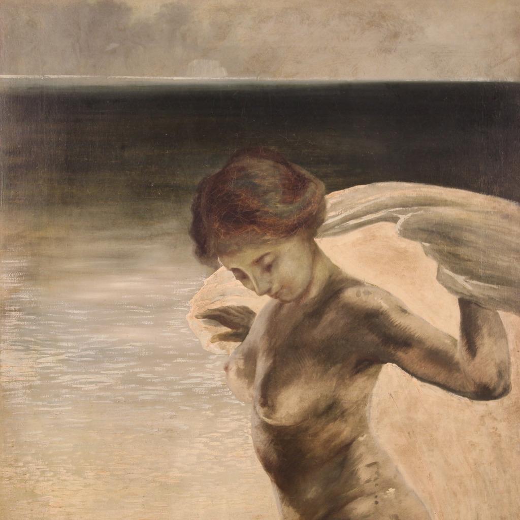 Olio su tela del XX secolo Pittura italiana di nudo femminile sulla spiaggia, 1920 In condizioni buone in vendita a Vicoforte, Piedmont