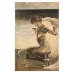  huile sur toile du 20e siècle Peinture italienne d'un nu féminin sur la plage, 1920
