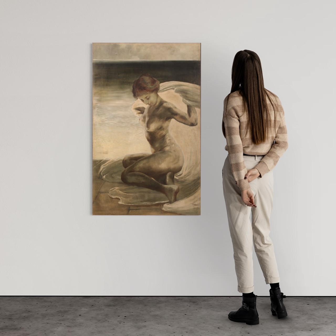 Italian painting from the first half of the 20th century. Oil on canvas artwork depicting a contemporary copy of the famous painting by Gino Piccioni, Nude on the Beach (Florence, Frascione Collection). Painting missing additional documentation, for