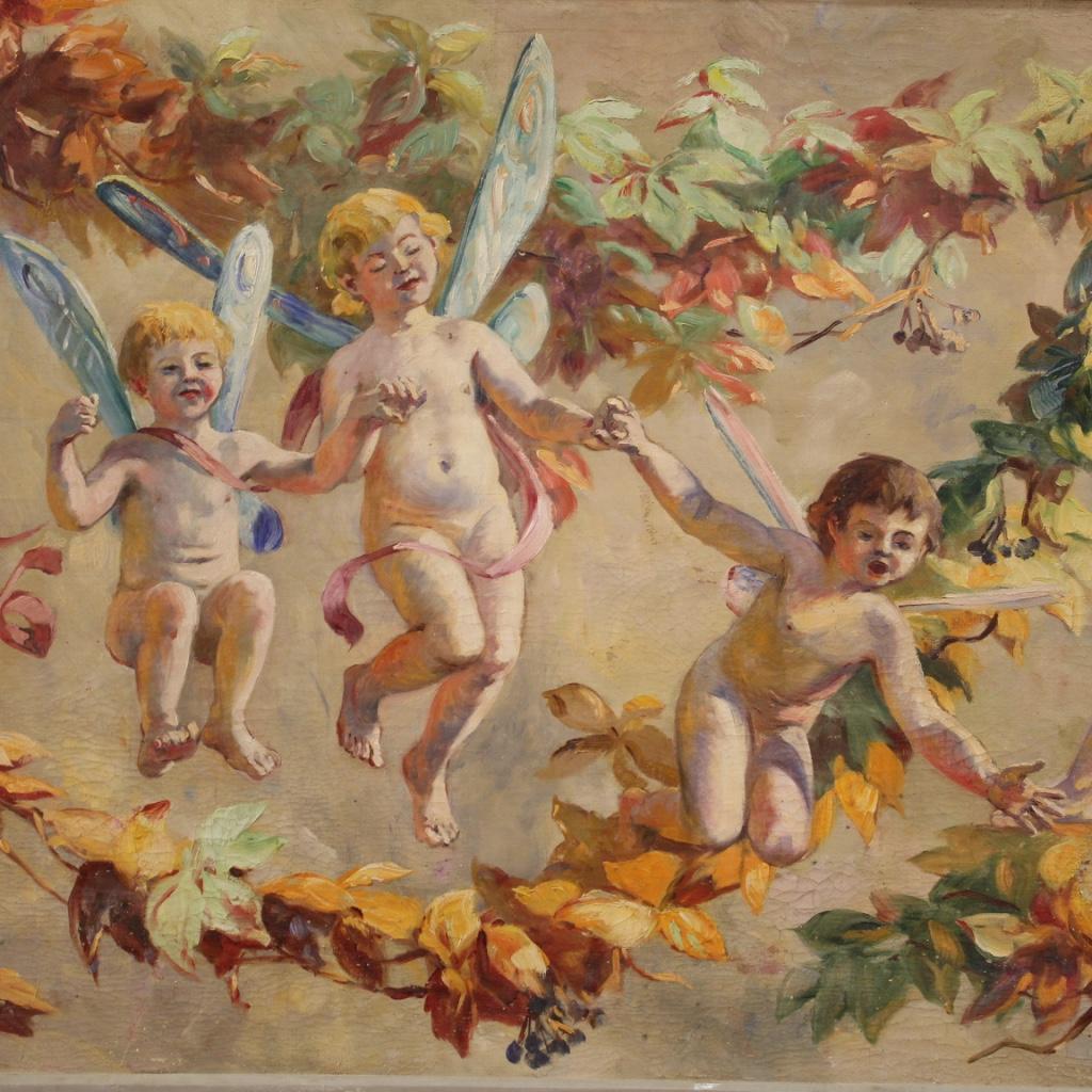 Italian painting from the mid-20th century. Framework oil on canvas, on the first canvas, depicting a fantasy subject, games of winged children with festoons of good pictorial quality. Framework of excellent size and impact characterized by bright