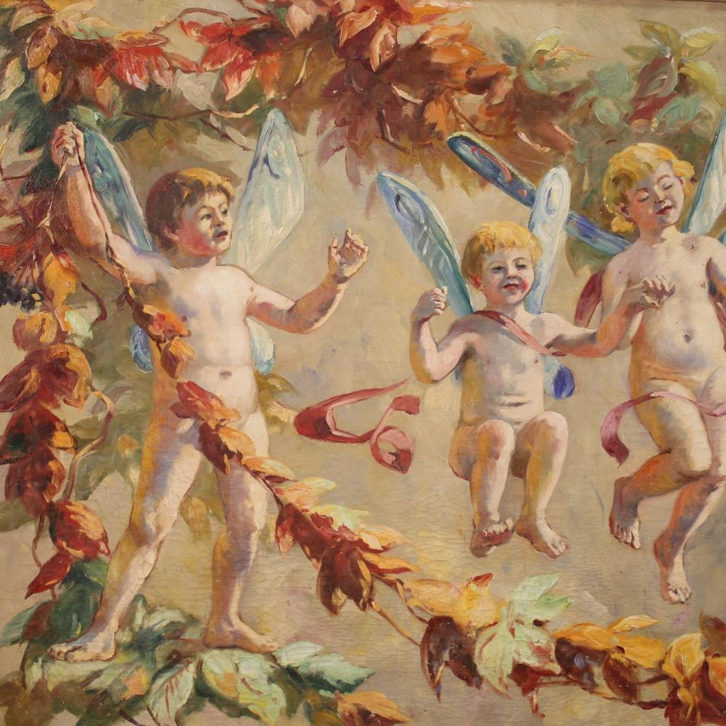 20th Century Oil on Canvas Italian Game of Cherubs Painting, 1960 In Fair Condition In Vicoforte, Piedmont