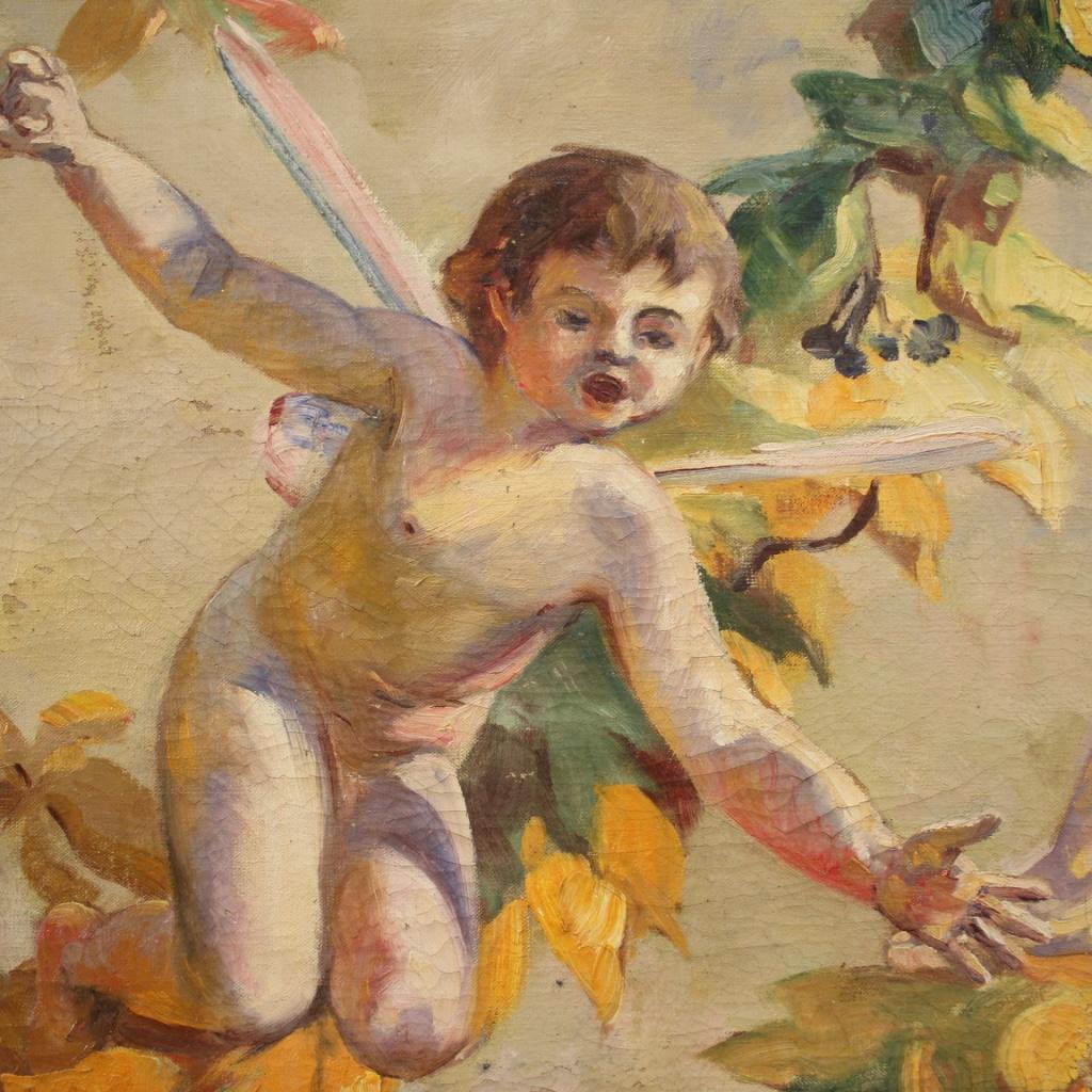 20th Century Oil on Canvas Italian Game of Cherubs Painting, 1960 4