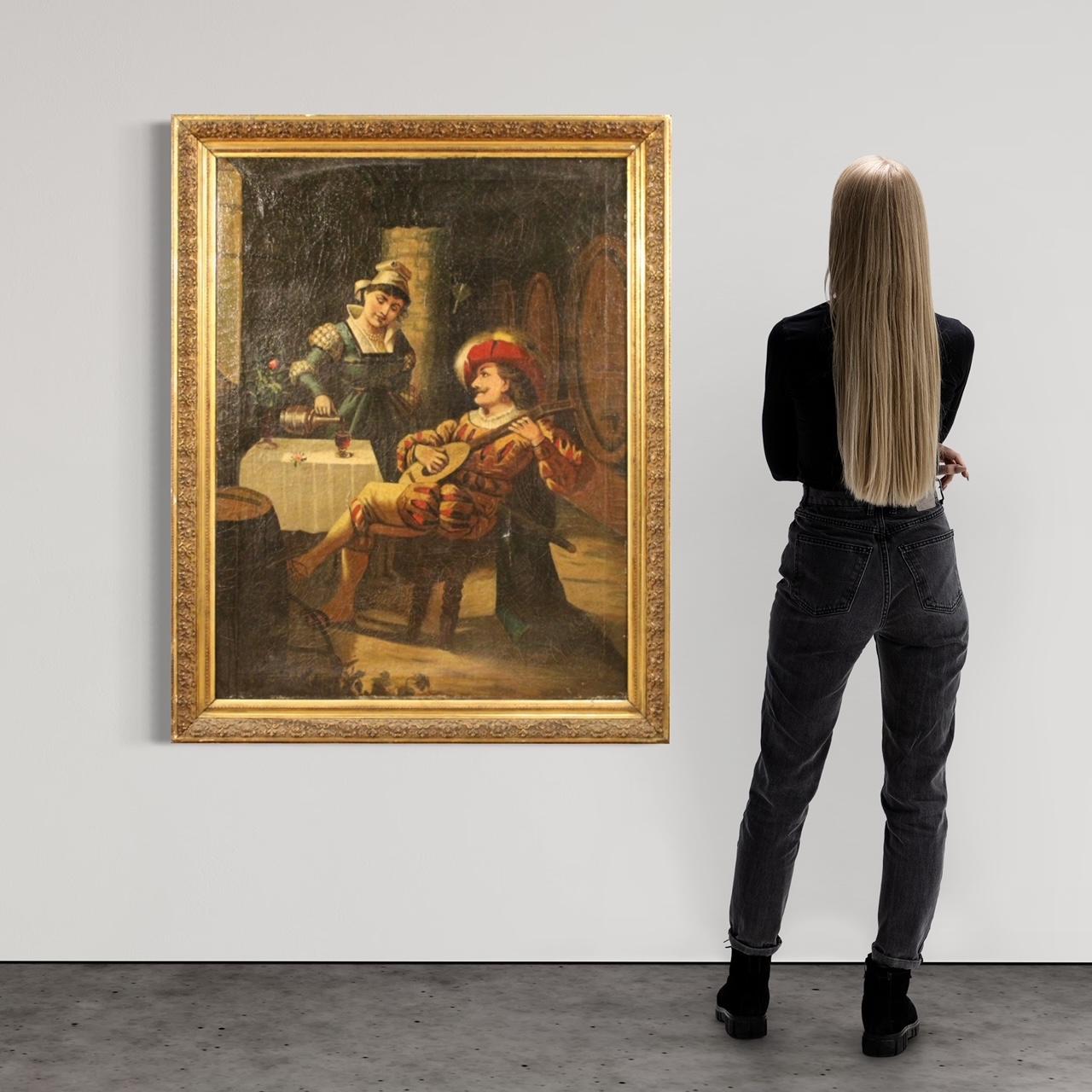 huile sur toile du 20e siècle Scène d'intérieur italienne avec musicien, 1920 en vente 9