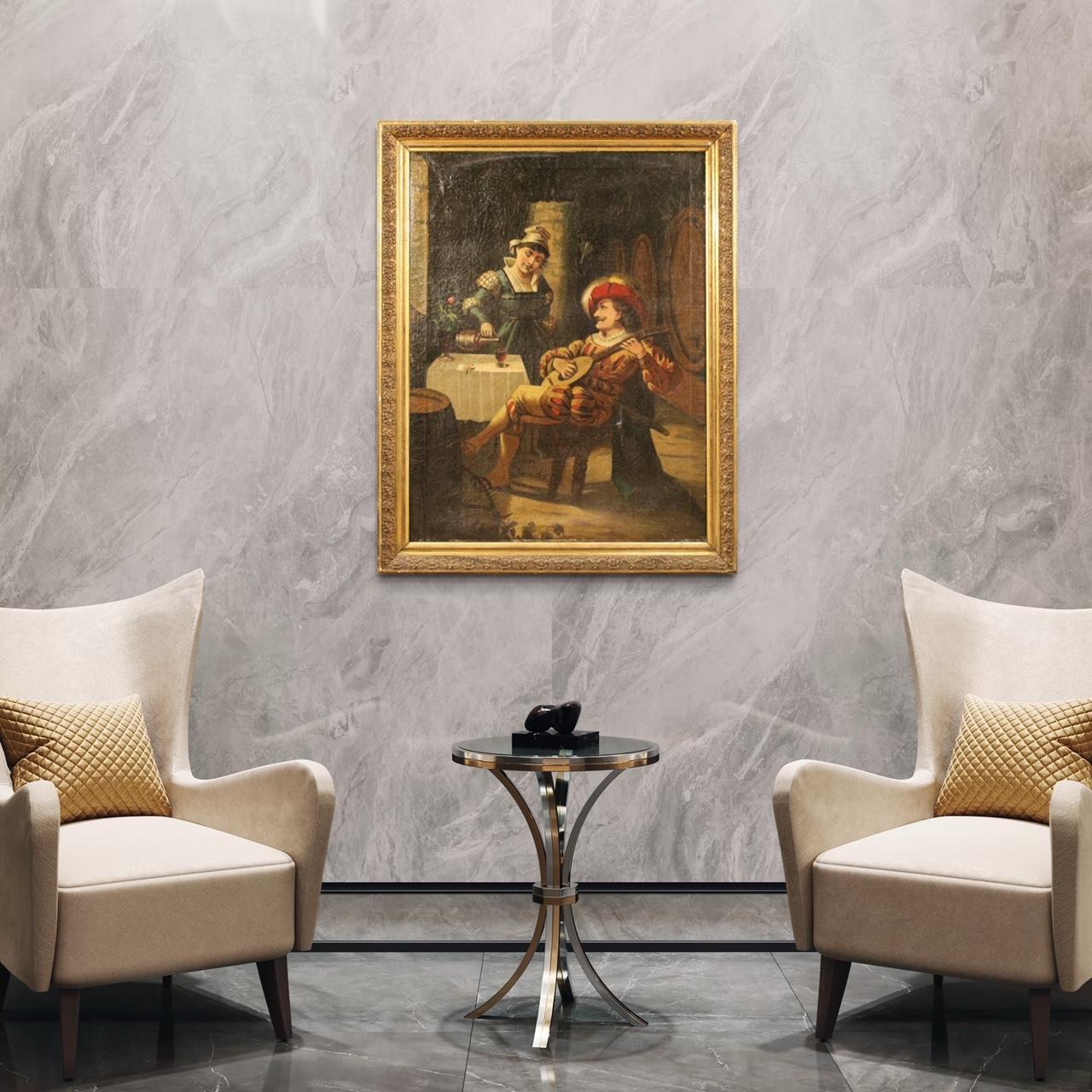 Großes italienisches Gemälde aus dem frühen 20. Rahmen Öl auf Leinwand, in der ersten Leinwand, die eine Innenszene mit Musiker von guter malerischer Qualität. Großer Einfluss Rahmen, der angenehmen Dekor. Nicht-zeitgenössischer Rahmen aus Holz und