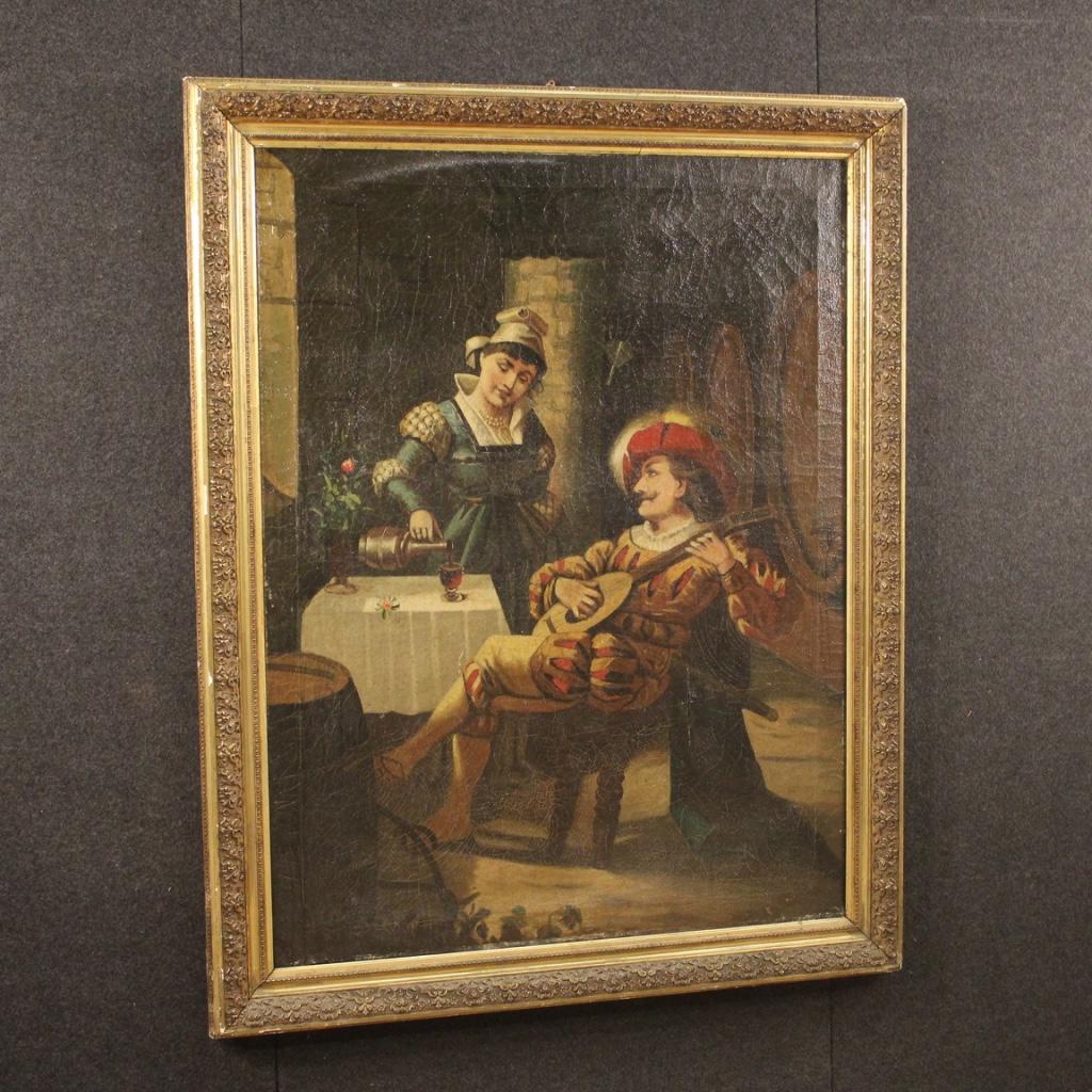 Toile huile sur toile du 20e siècle Scène d'intérieur italienne avec musicien, 1920 en vente