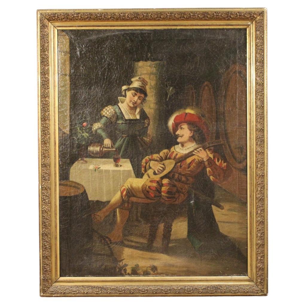 20th Century Oil on Canvas Italian Interior Scene with Musician Painting, 1920s For Sale