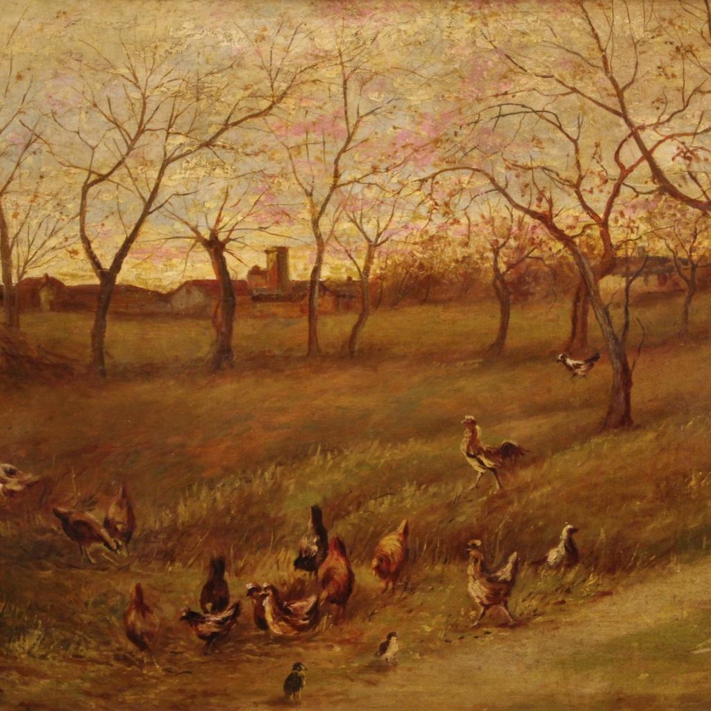 Great Italian painting from the mid-20th century. Framework oil on canvas depicting countryside landscape with farmyard animals of good pictorial quality. Painting of great measure and impact with frame in wood and plaster finely carved, chiseled,