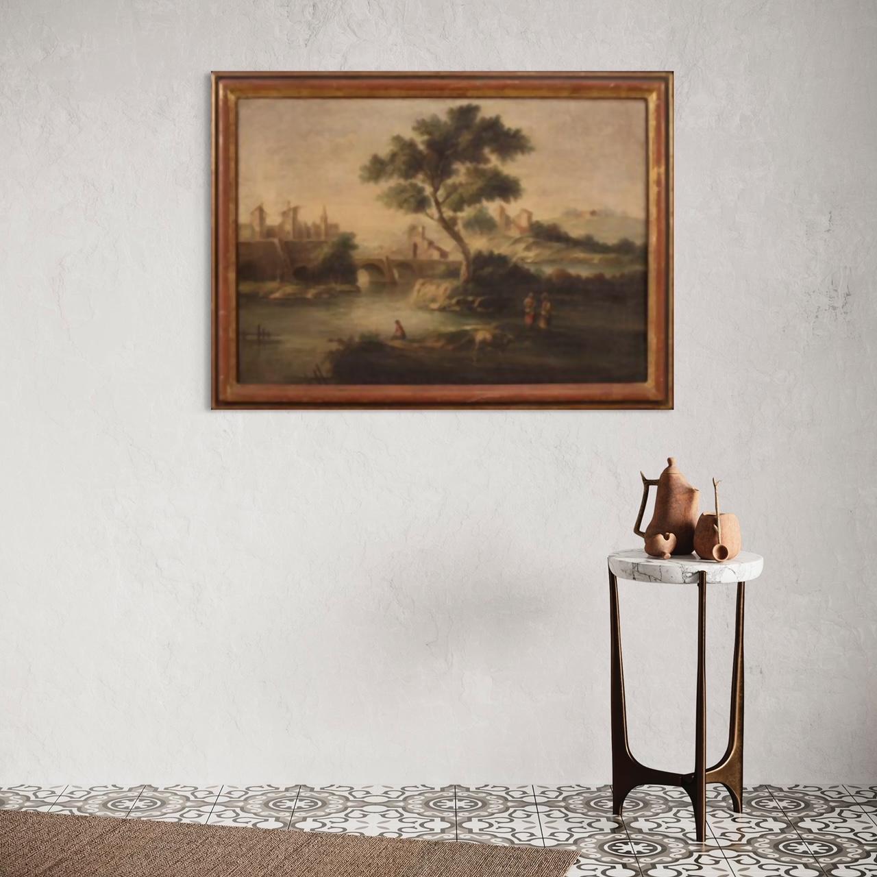 Italian painting from the mid-20th century. Framework oil on canvas depicting a river landscape with eighteenth-century architecture, characters and animals. Lacquered and gilded wooden frame with some small drops of color (see picture),